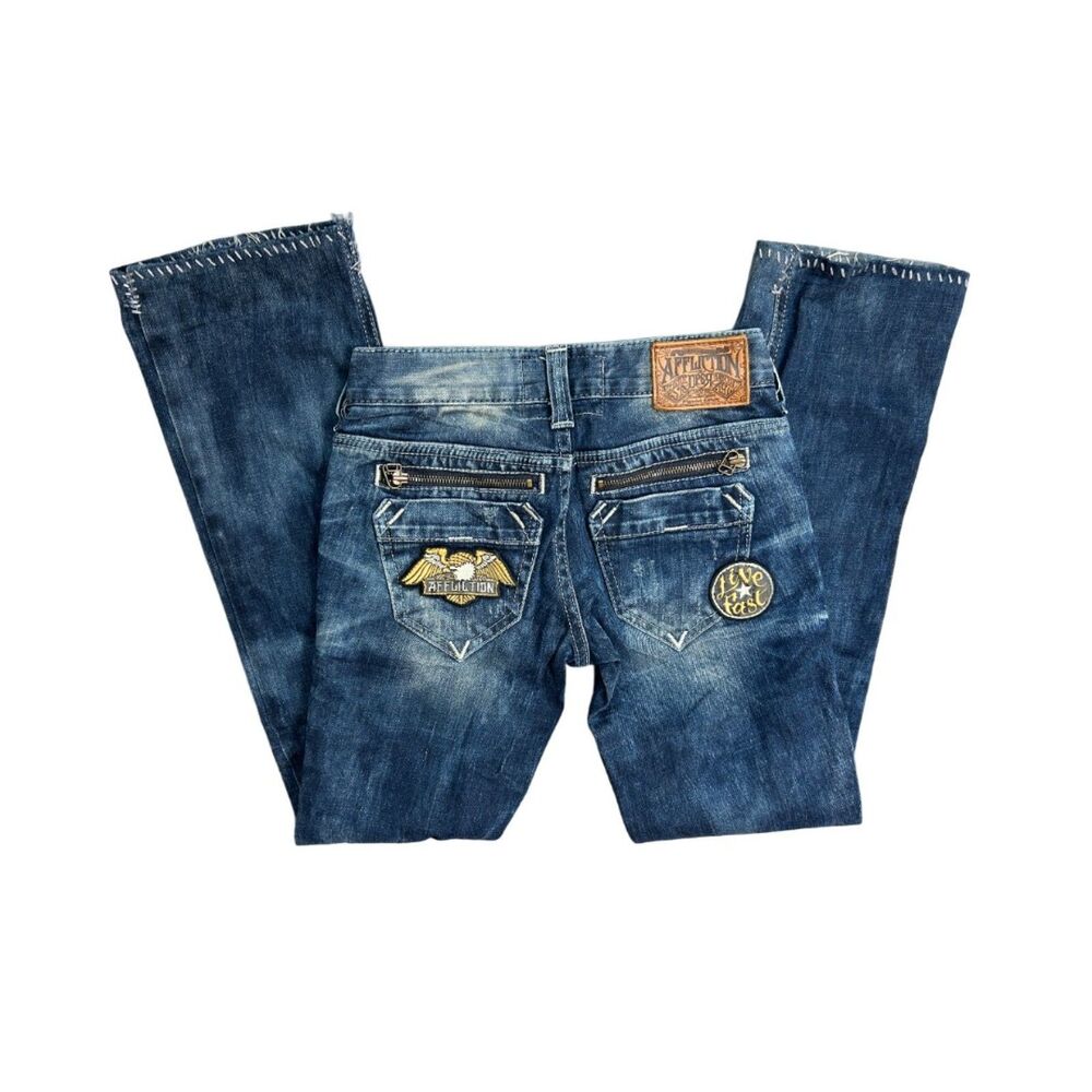 Affliction Jade low waist Size 24 Y2K jeans Patches bootcut Whipstitch Hem denim